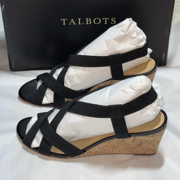 Talbots Black Royce Elastic straps sling back wedge cork heels sandals Sz 9M new - Picture 4 of 7